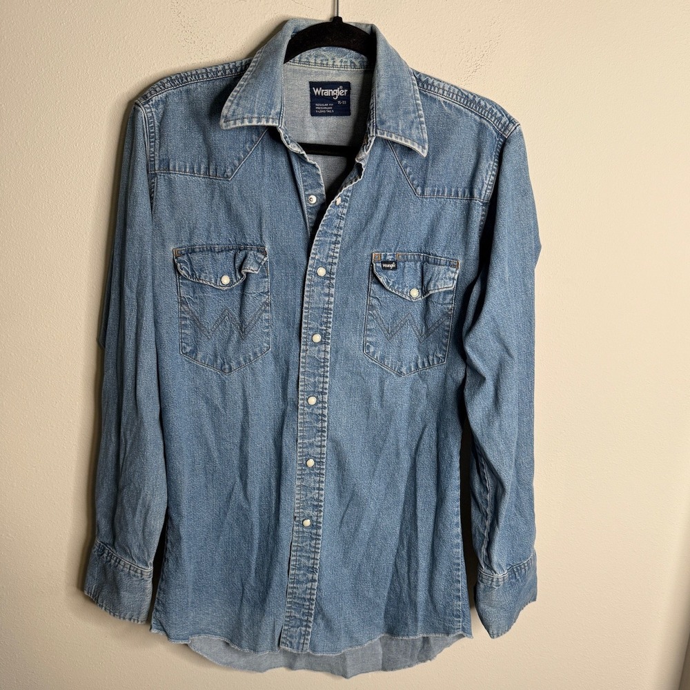 Vintage Wrangler Men's XL Denim Blue Long Sleeve Button Up‎ Shirt Western Casual
